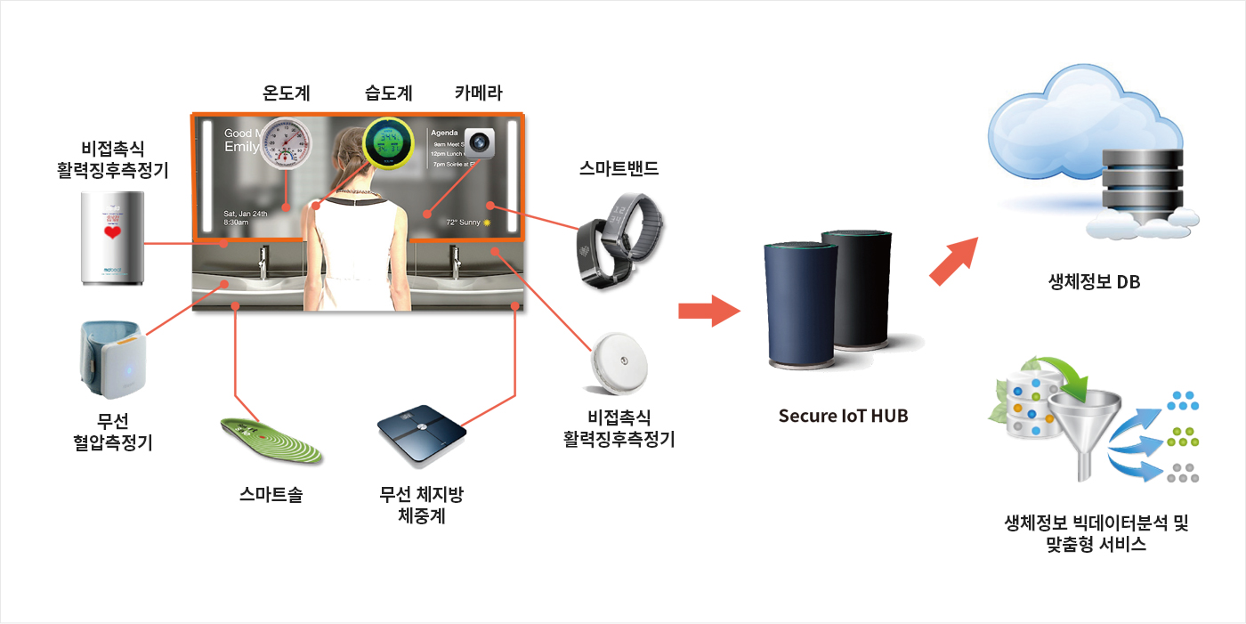 스마트 바이오 미러 구성도 — 비접촉식 활력징후측정기, 무선 혈압측정기, 스마트밴드, 체지방 체중계가 Secure IoT HUB를 거쳐 생체정보 DB와 빅데이터 분석으로 연결